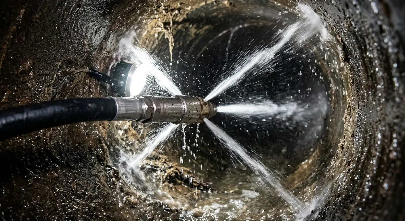 High-pressure hydro jetting nozzle cleaning sewer pipe for Emergency Drain Service in Fort Mill