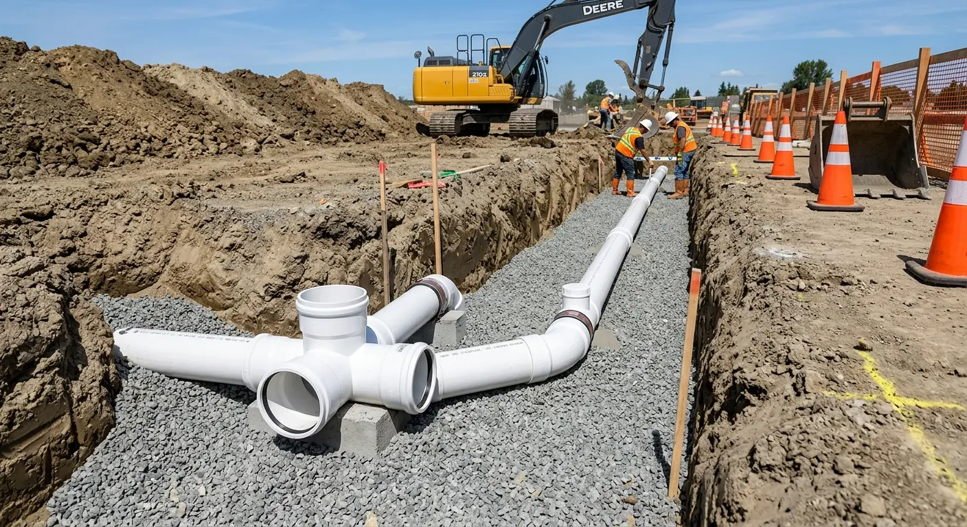 New PVC sewer pipe installation in open trench for Commercial Drain Cleaning in Fort Mill
