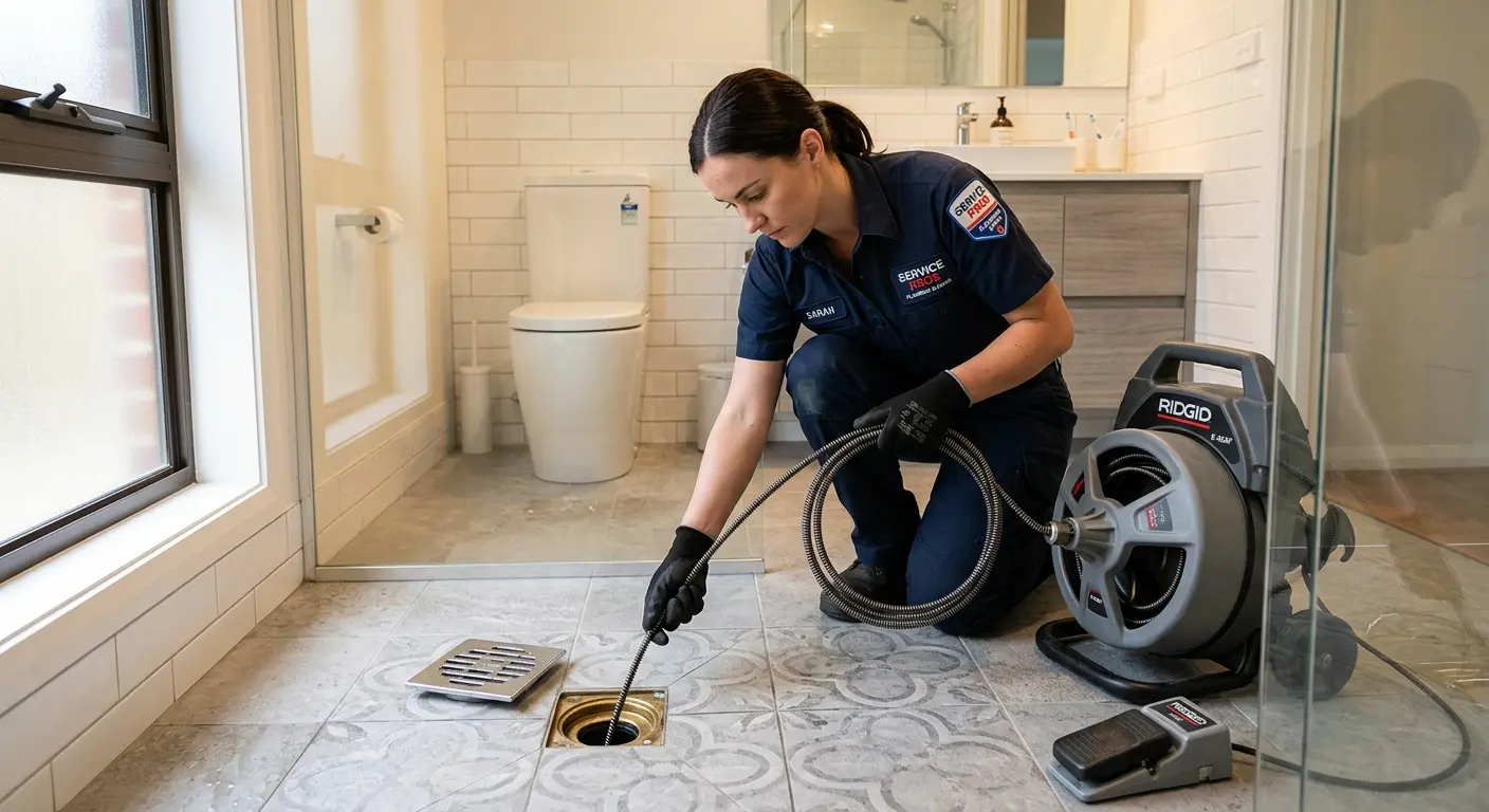 Technician clearing a bathroom floor drain for Sewer Line Replacement in Fort Mill